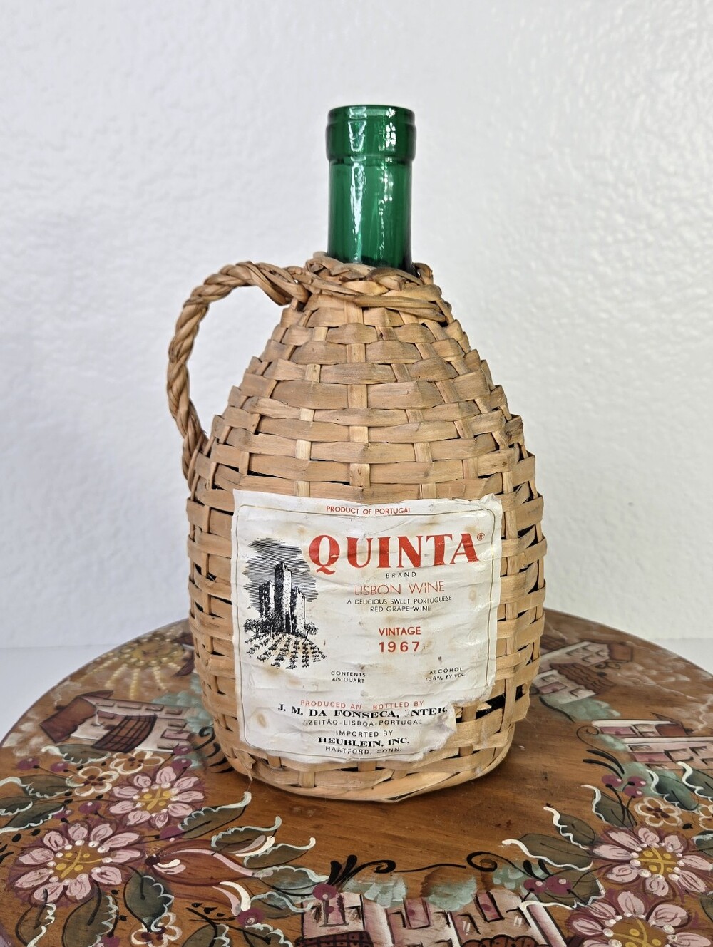VTG Quinta Lisbon Wine Bottle Green Glass Wicker Wrapped Portugal 1967 Decor